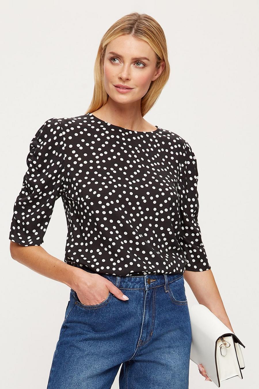Tall Black Spot Ruched Sleeve Top 