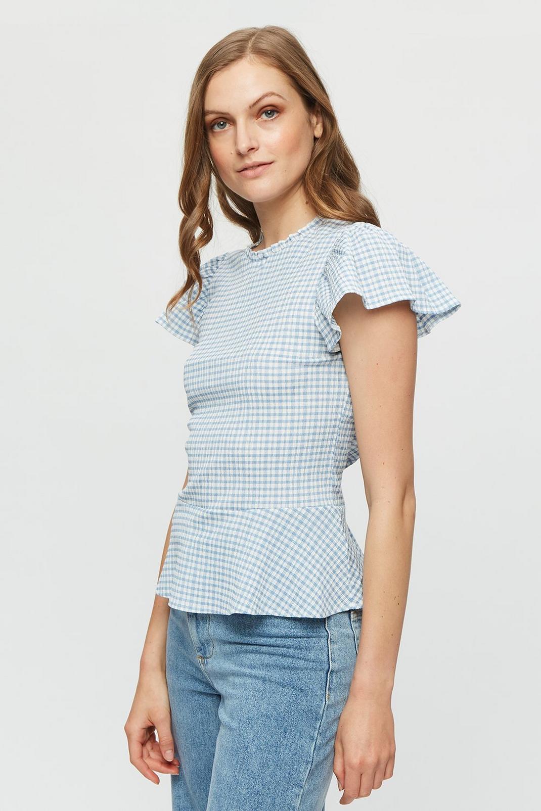 Blue Gingham Textured Ruffle Top image number 1