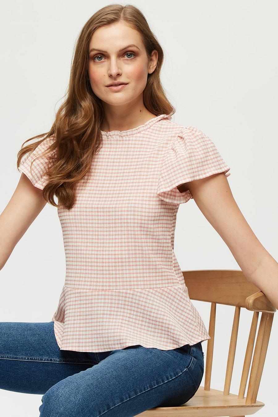 Blush Gingham Textured Frill Top