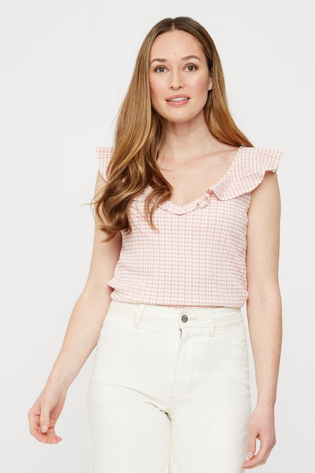 563 Blush Gingham Textured Frill Shell Top image number 1