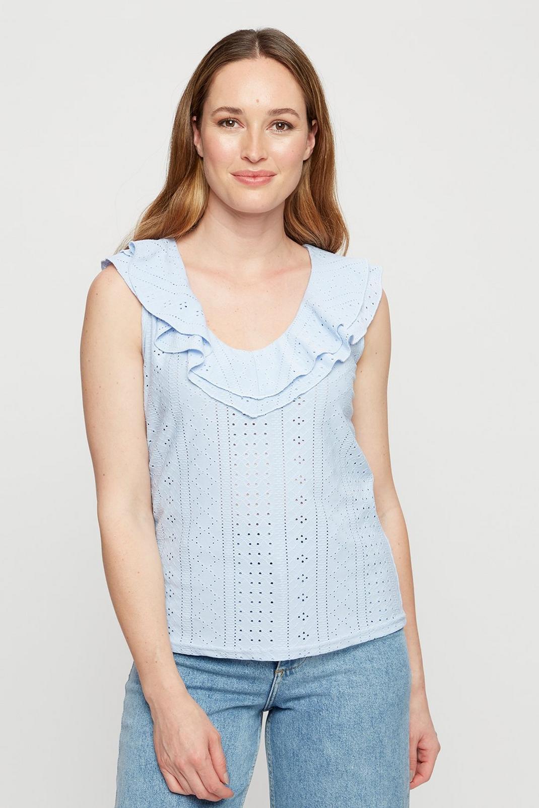 Pale blue Blue Broderie V Neck Ruffle Top image number 1