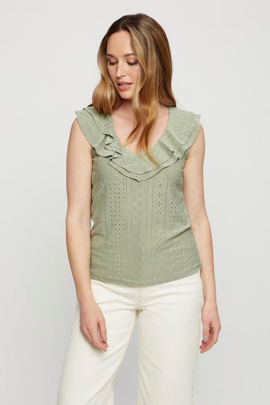 Sage Broderie V Neck Ruffle Top