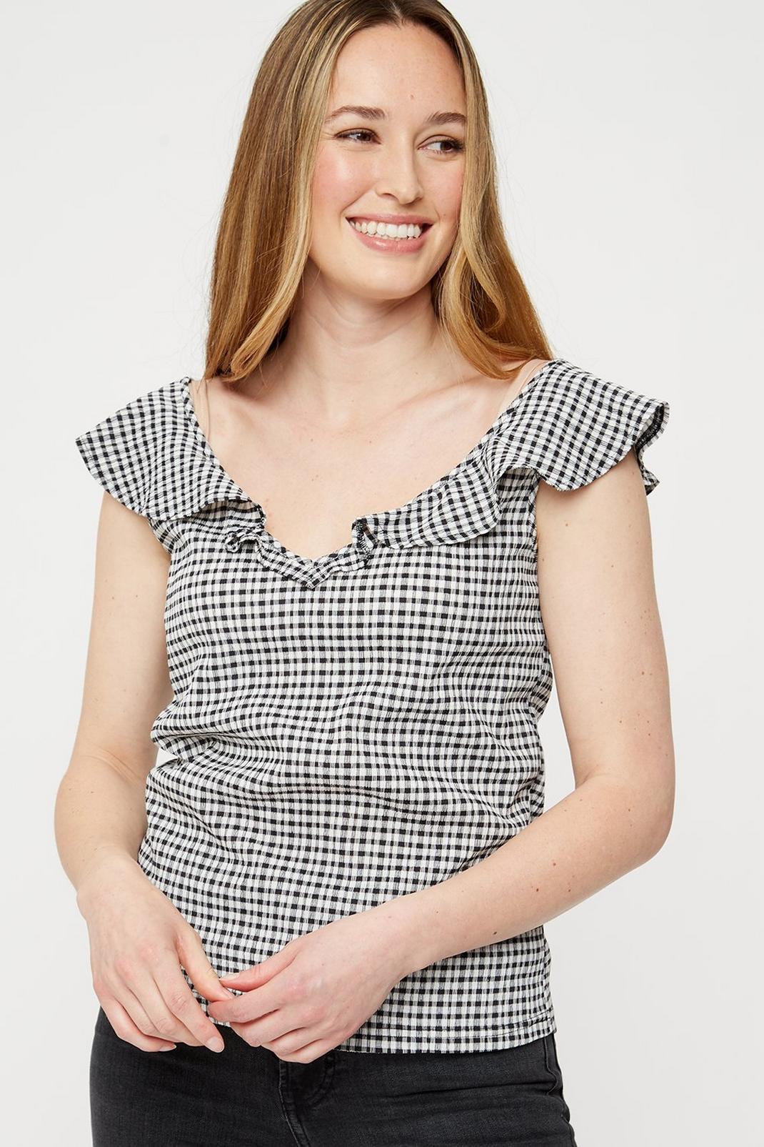 Black Gingham Textured Frill Shell Top image number 1