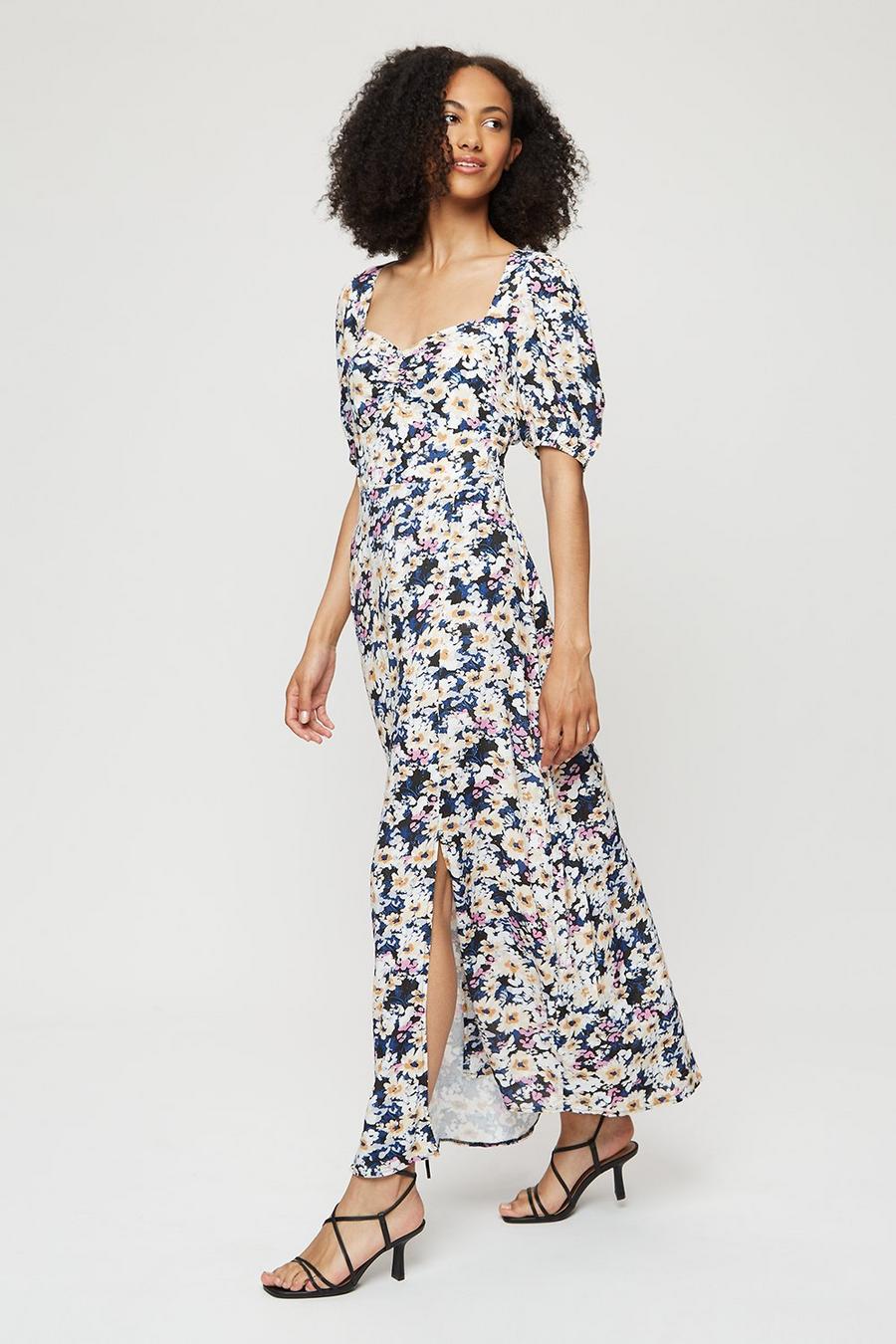 Tall Pink Floral Sweetheart Neck Midi Dress