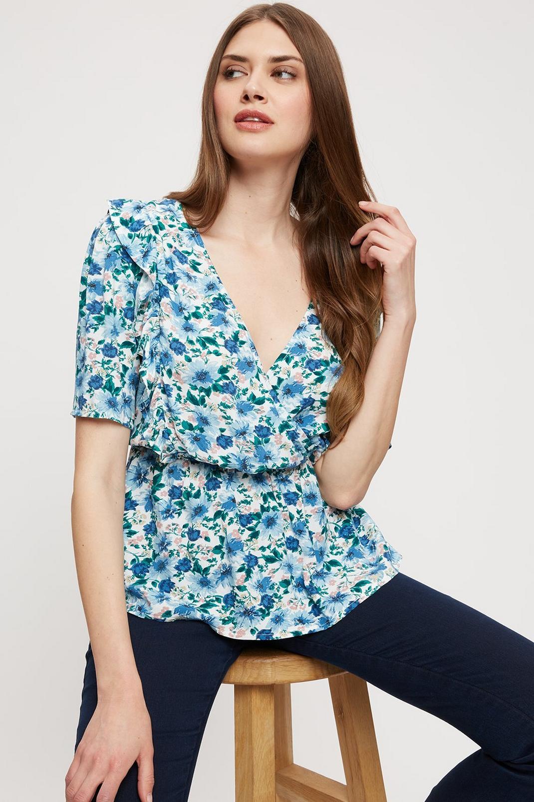 106 Tall Blue Floral V-neck Ruffle Top image number 1