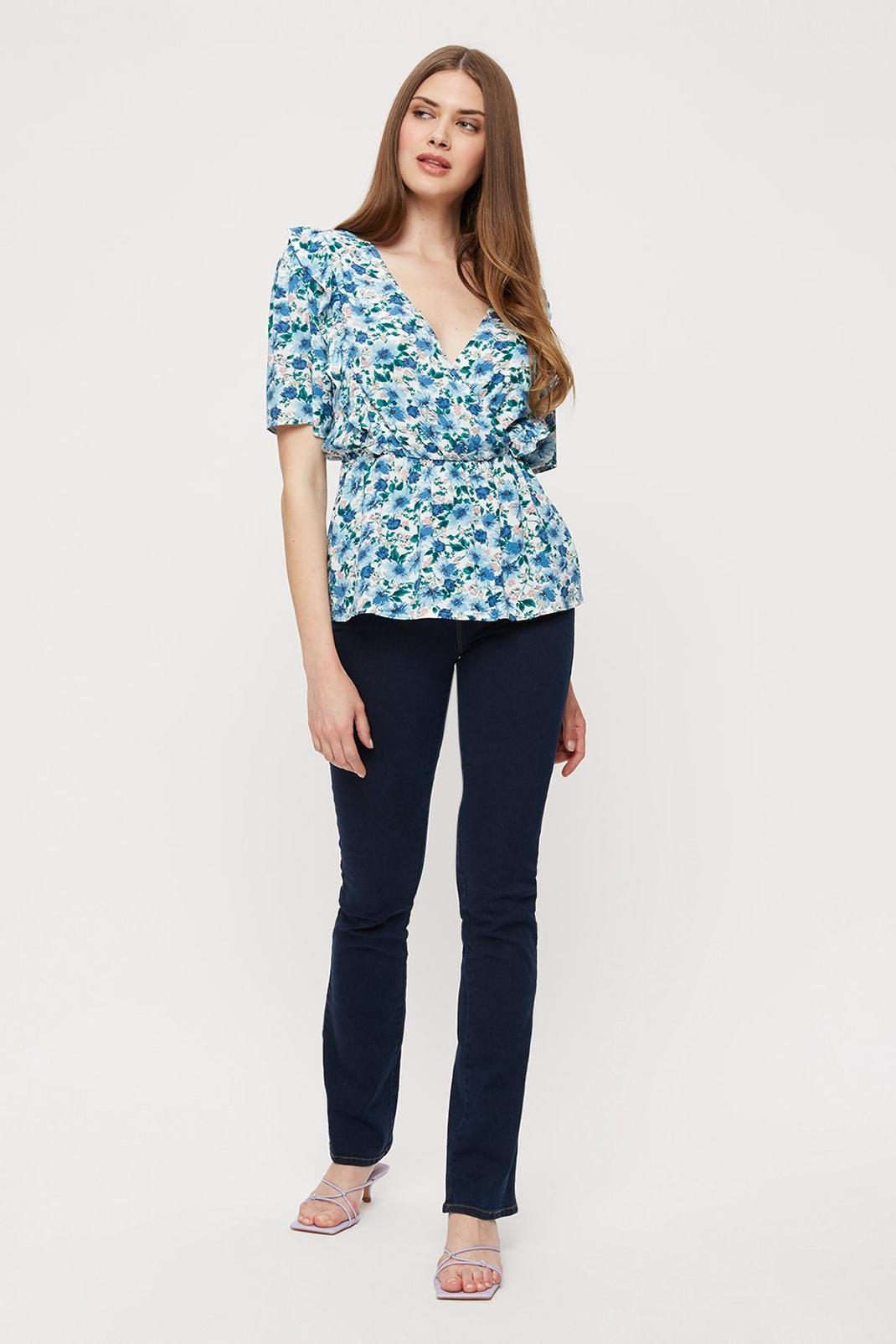 106 Tall Blue Floral V-neck Ruffle Top image number 2