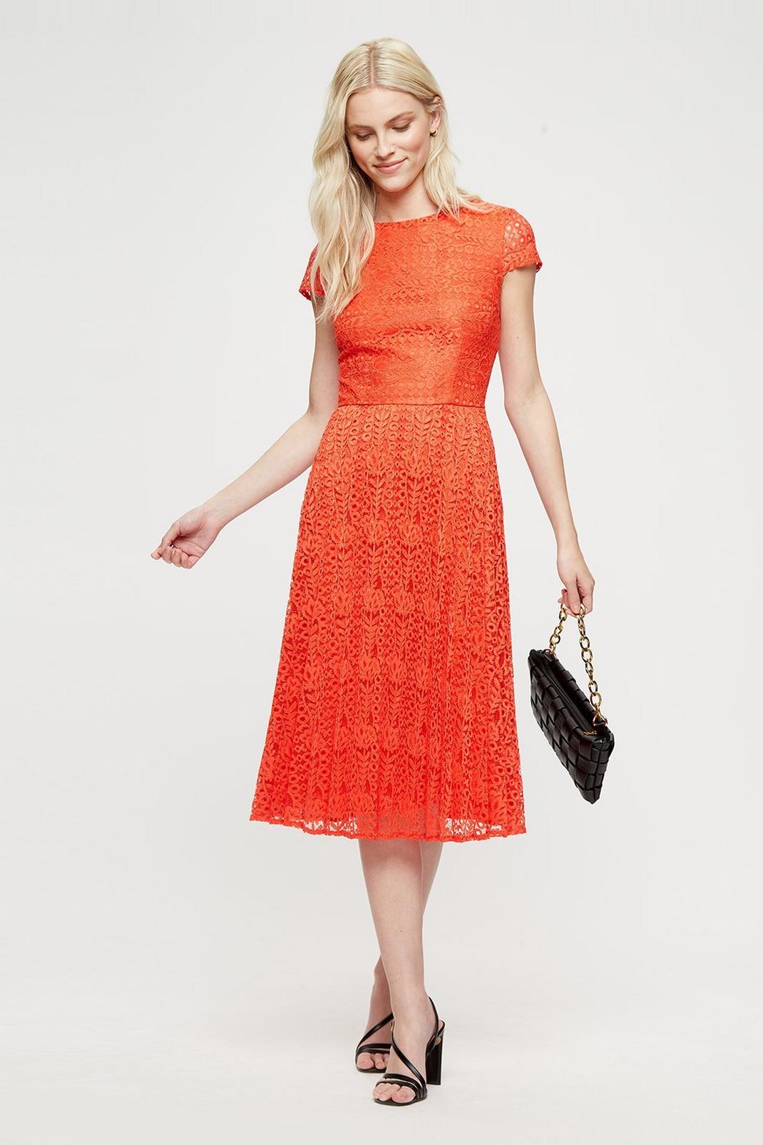 152 Occasion Orange Pleated Lace Midi Dress image number 1