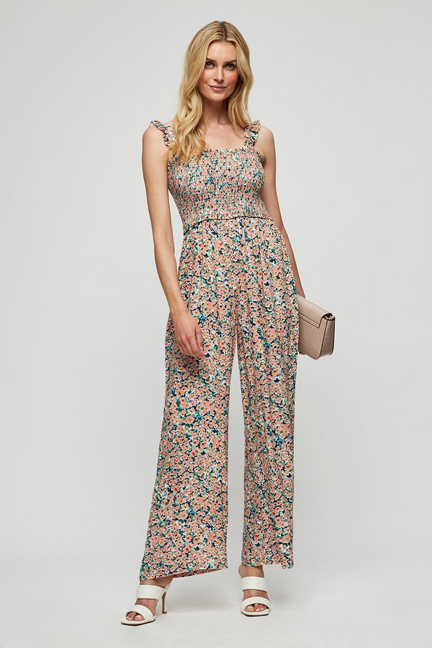 Peach Floral Shirred Jumpsuit | Dorothy Perkins UK