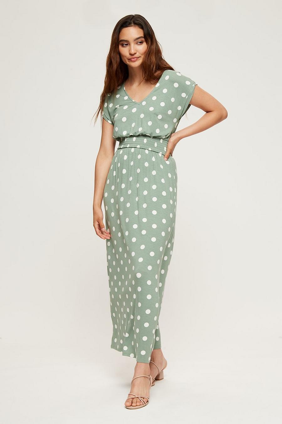 Petite Khaki Spot Roll Sleeve Maxi Dress