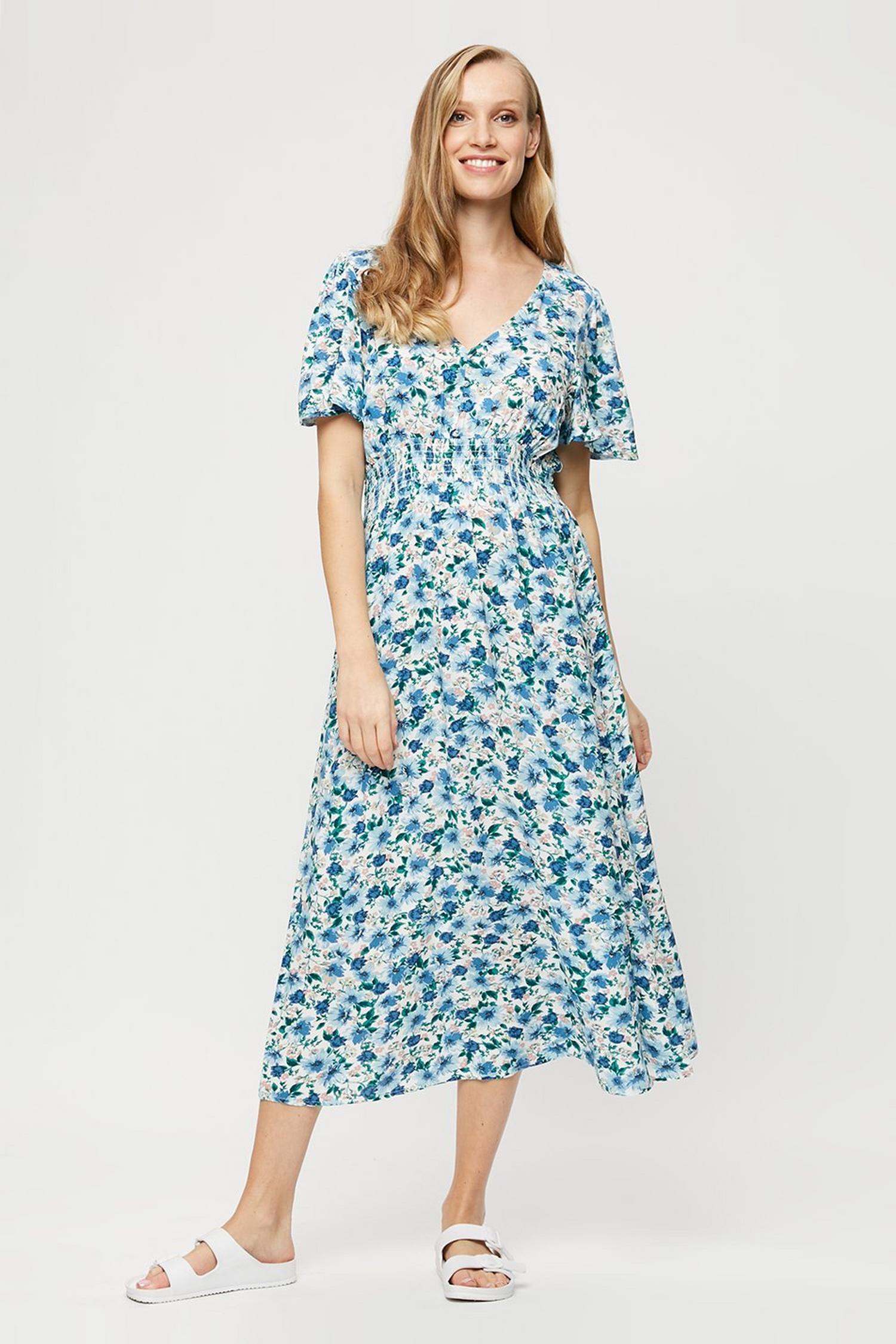 Maternity Blue Floral Shirred Waist Dress | Dorothy Perkins UK