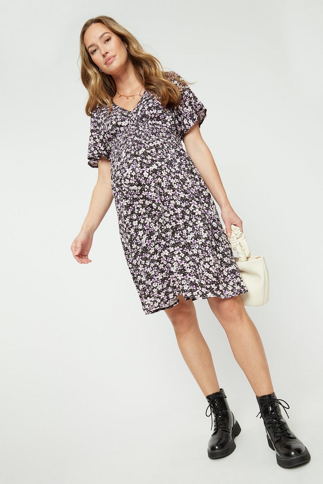 Maternity Lilac Ditsy Shirred Mini Dress image number 1