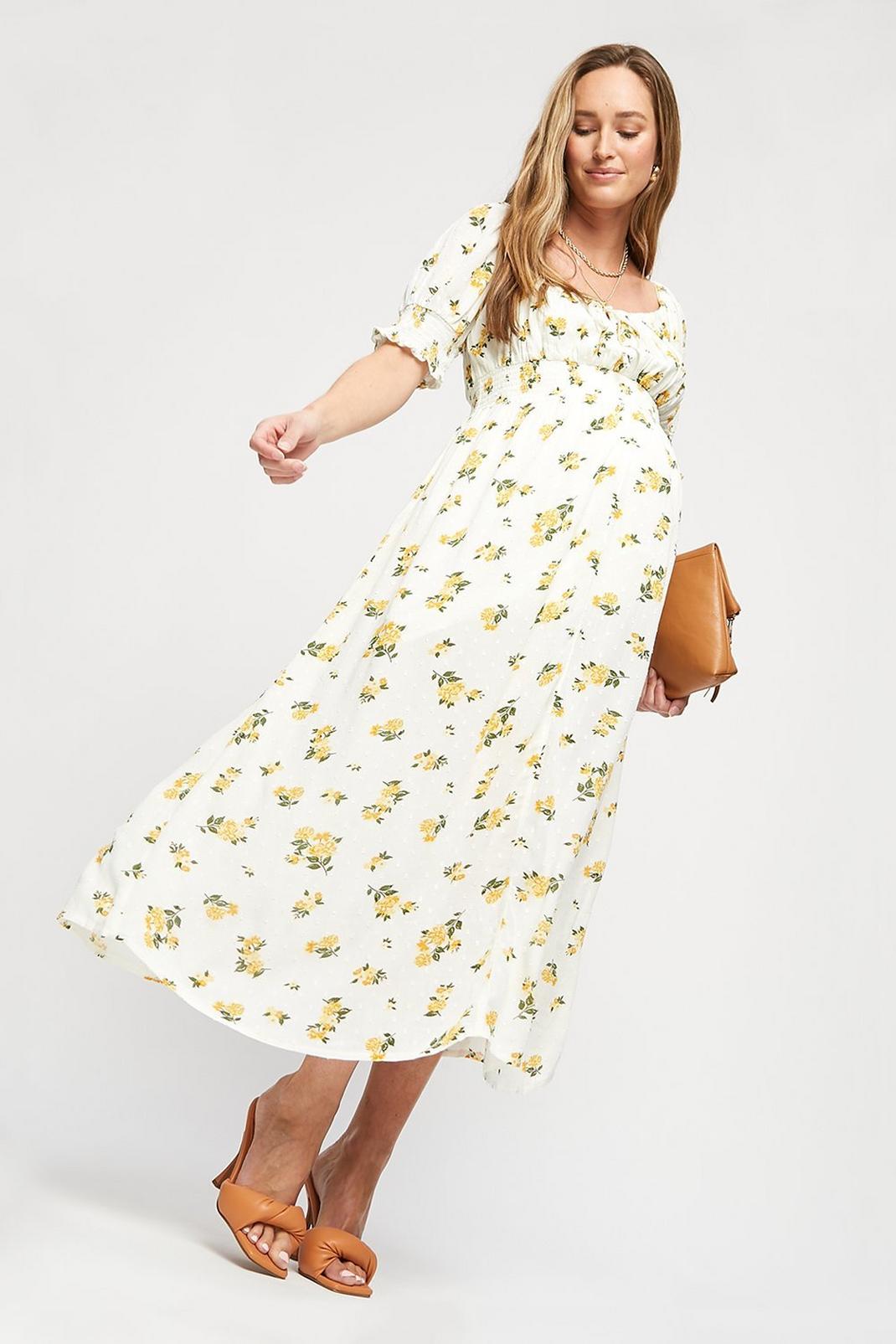174 Maternity Yellow Floral Square Neck Midi  image number 1