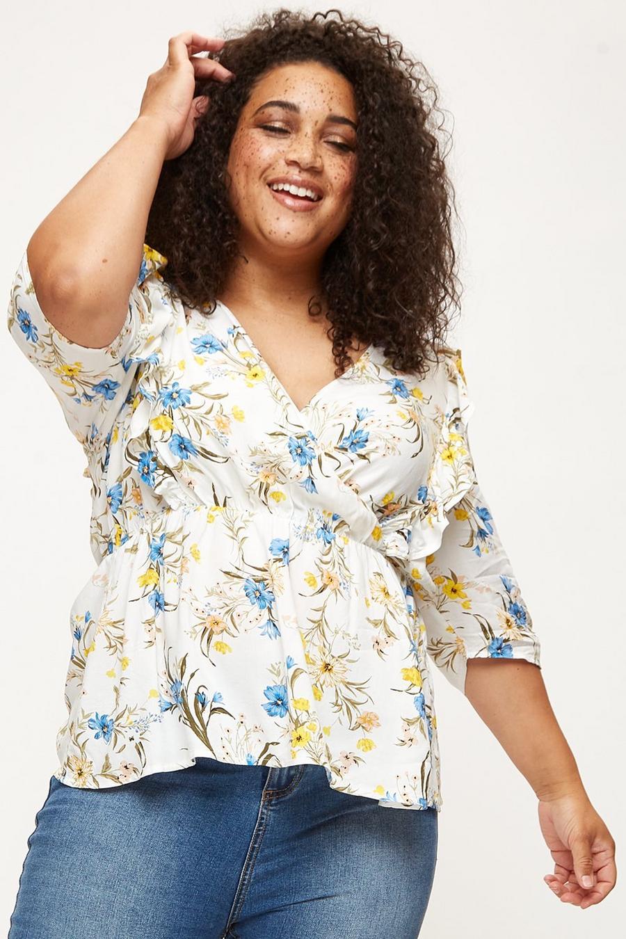 Curve Ivory Floral V Neck Ruffle Top 