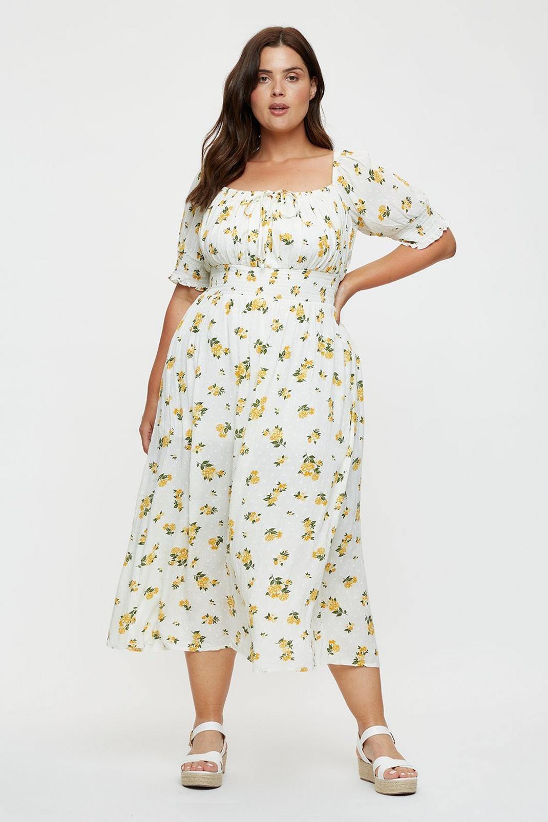 174 Curve Yellow Floral Sweetheart Neck Midi image number 1