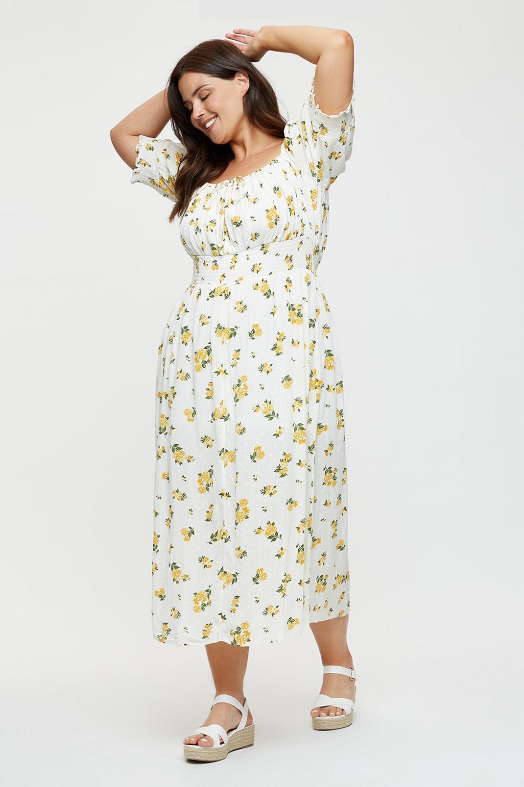 174 Curve Yellow Floral Sweetheart Neck Midi image number 2