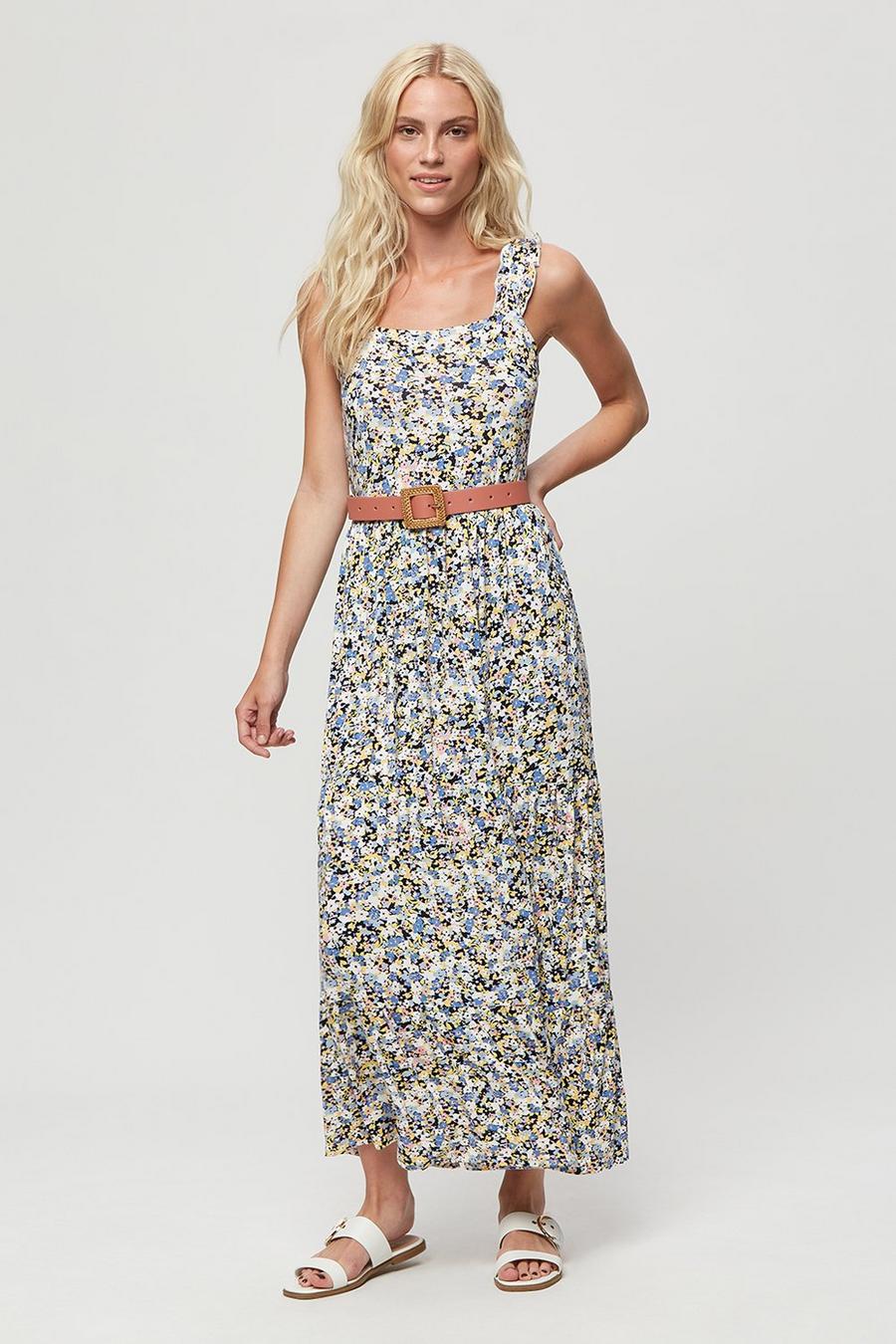 Lemon Ditsy Floral Strappy Tiered Maxi