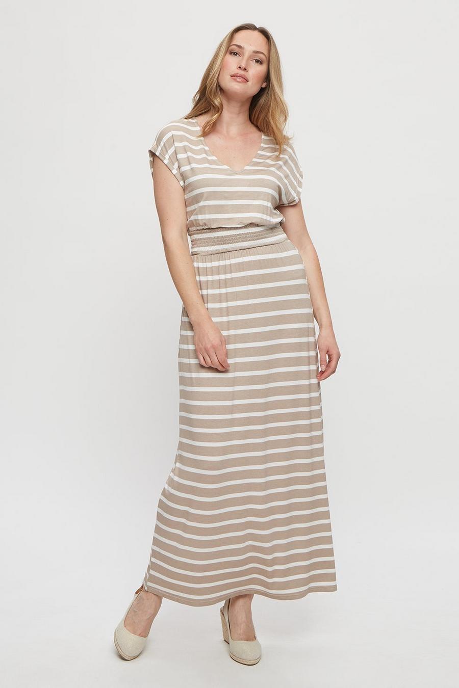 Taupe Stripe Roll Sleeve Maxi Dress