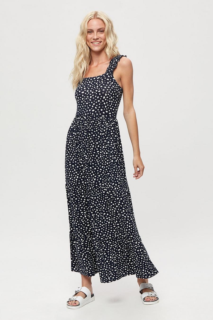 Navy Spot Strappy Tiered Maxi