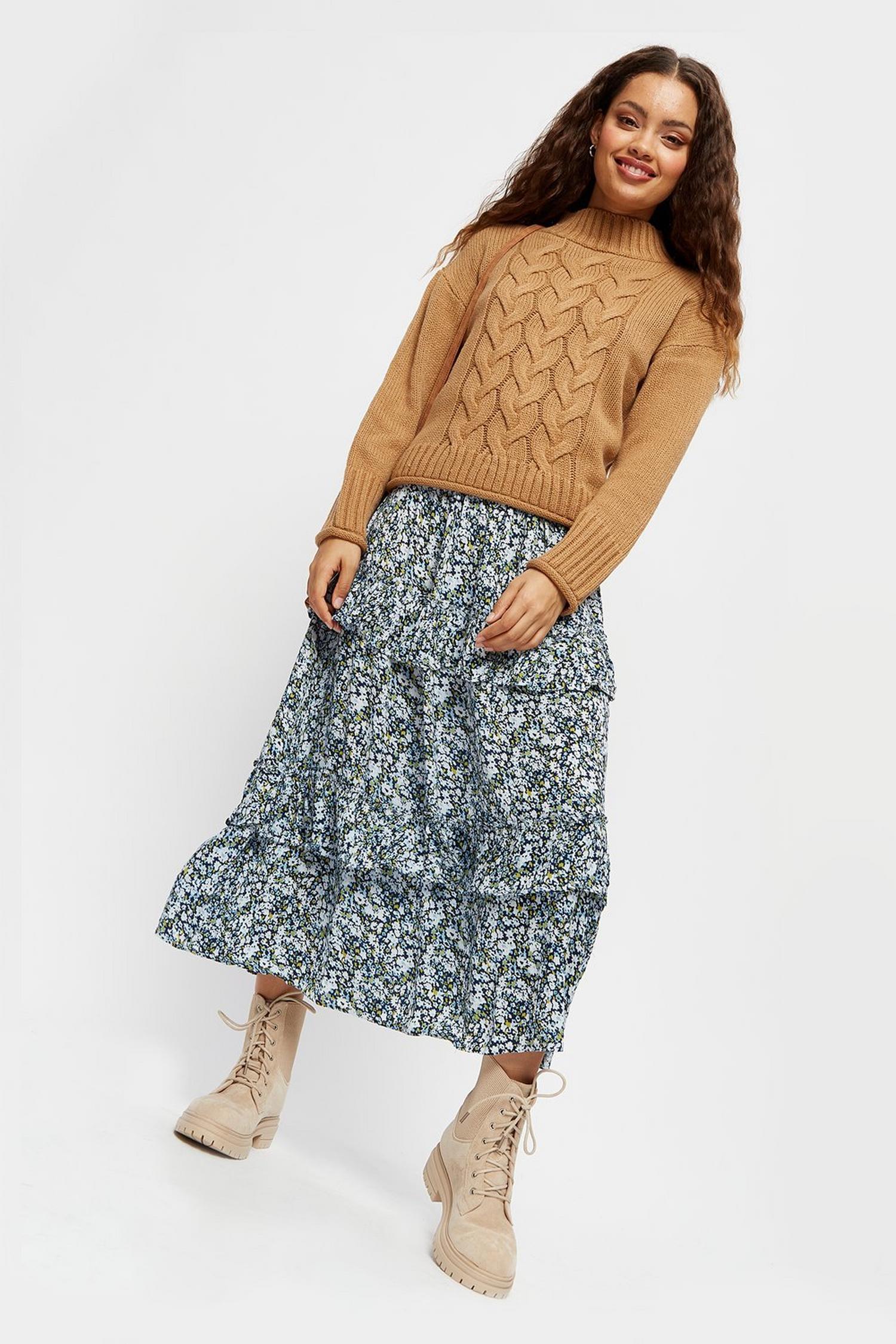 Petite Blue Floral Tiered Frill Midi Skirt | Dorothy Perkins UK