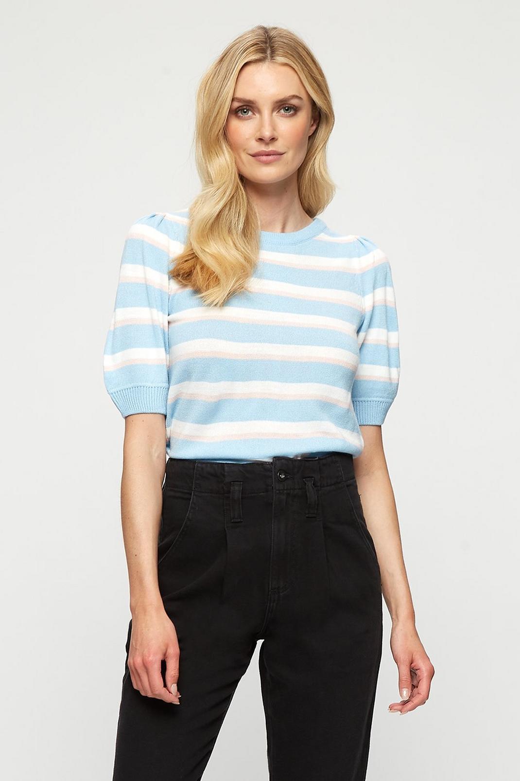 373 Pale Blue Stripe Knitted Puff Sleeve Tee image number 1
