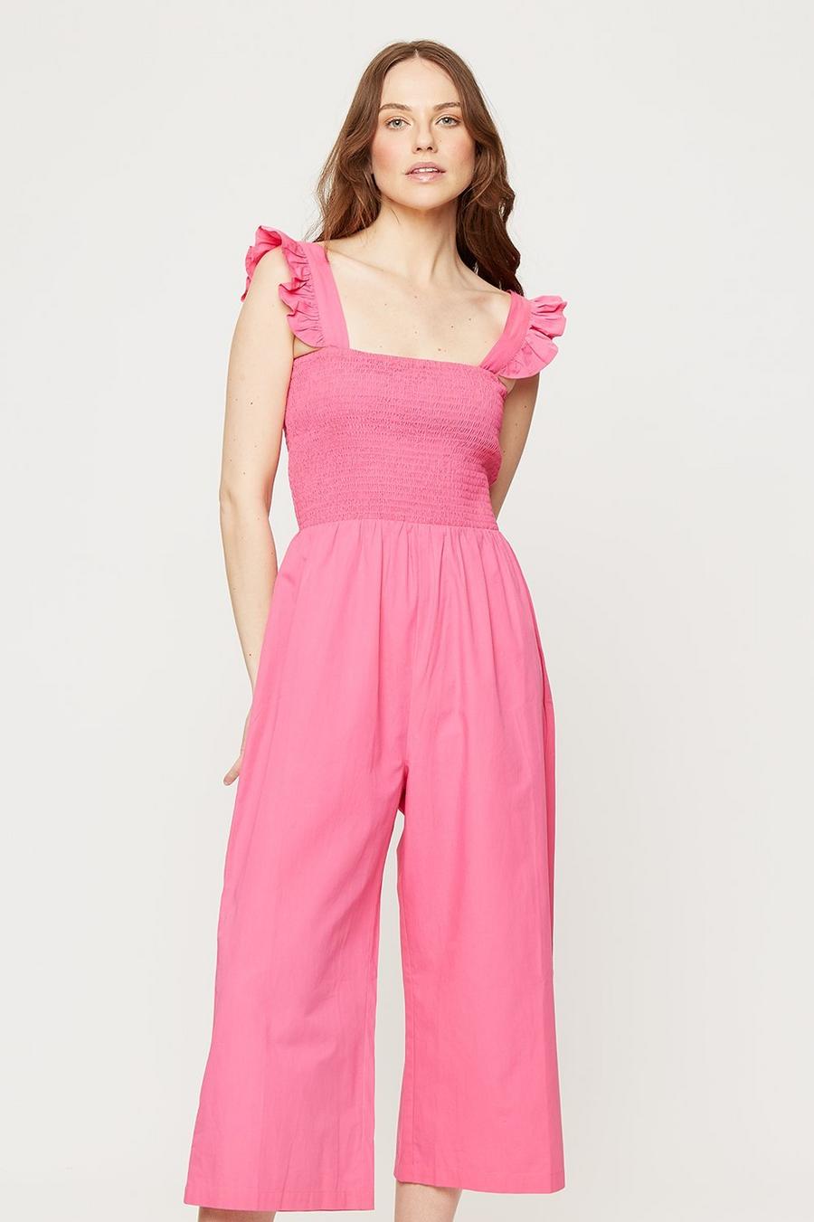 Pink Poplin Shirred Jumpsuit 
