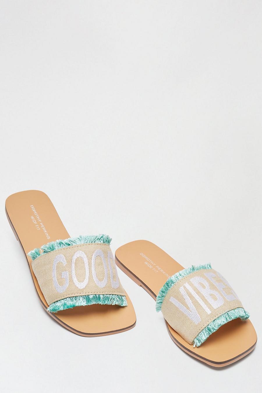 Wide Fit Green Good Vibes Slogan Mule