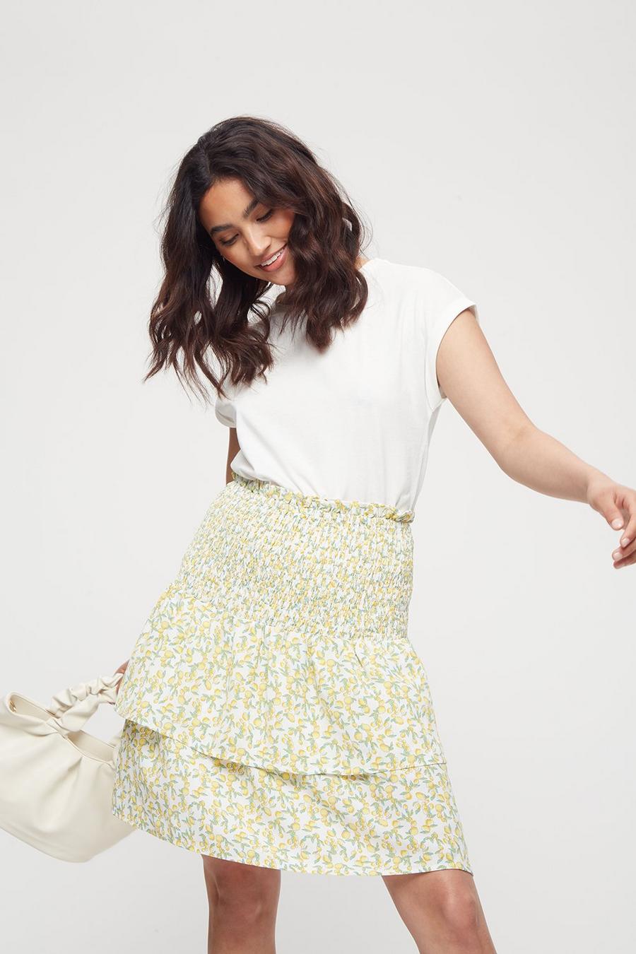 Petite Mini Lemon Print Shirred Skirt