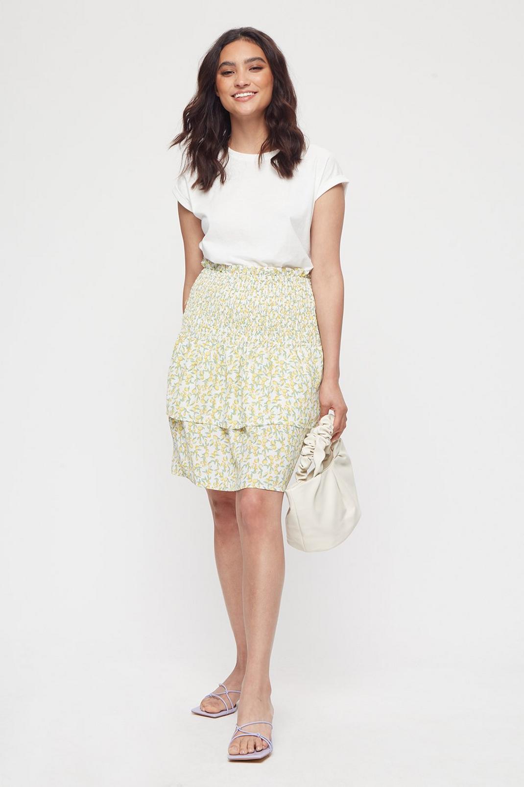133 Petite Mini Lemon Print Shirred Skirt image number 2