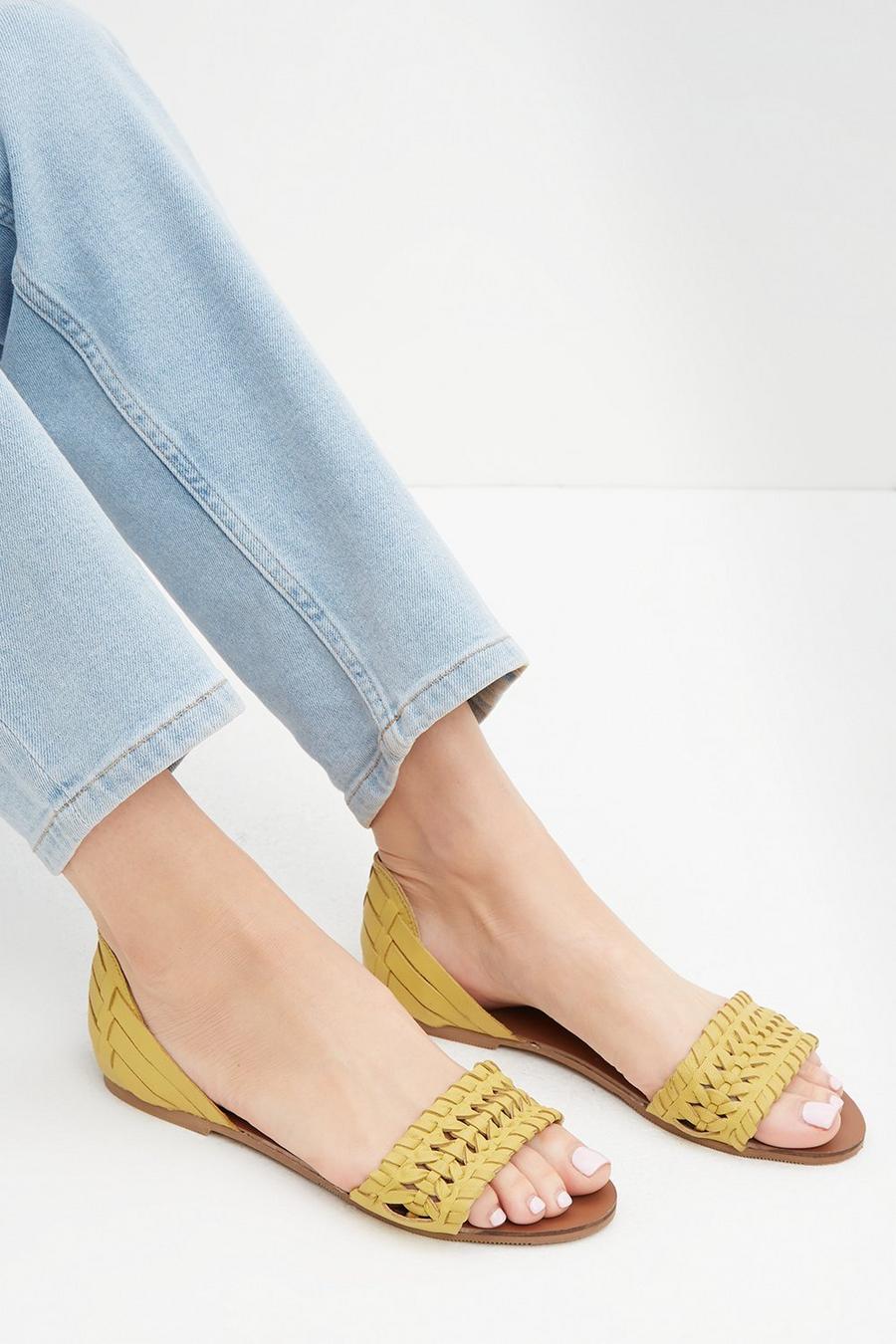 Wide Fit Leather Yellow Jingly Weave Sandals