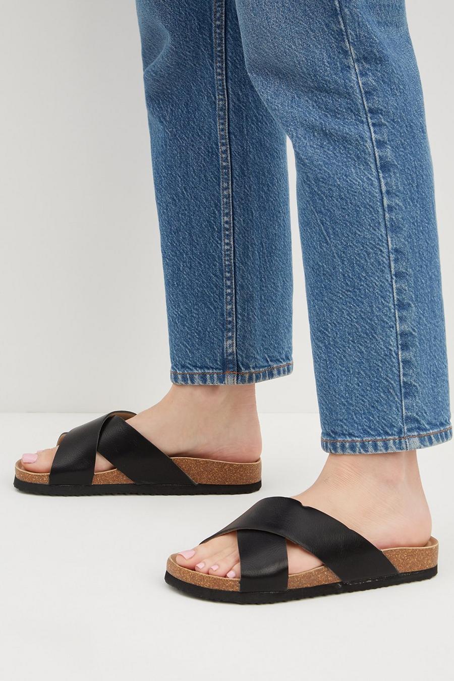 Wide Fit Comfort Black Flora Footbed Sandal