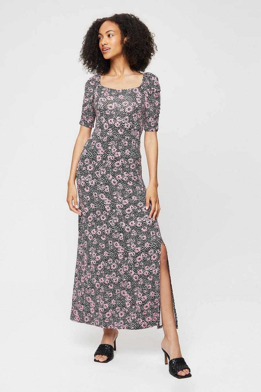 Tall Navy Base Pink Floral Square Neck Midi