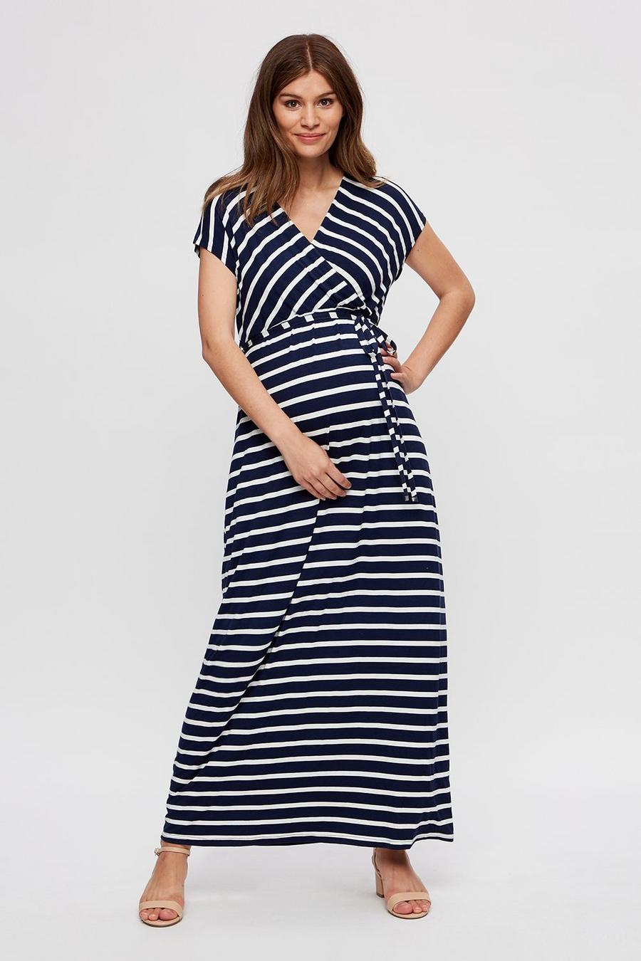 Maternity Navy Stripe Roll Sleeve Maxi Dress
