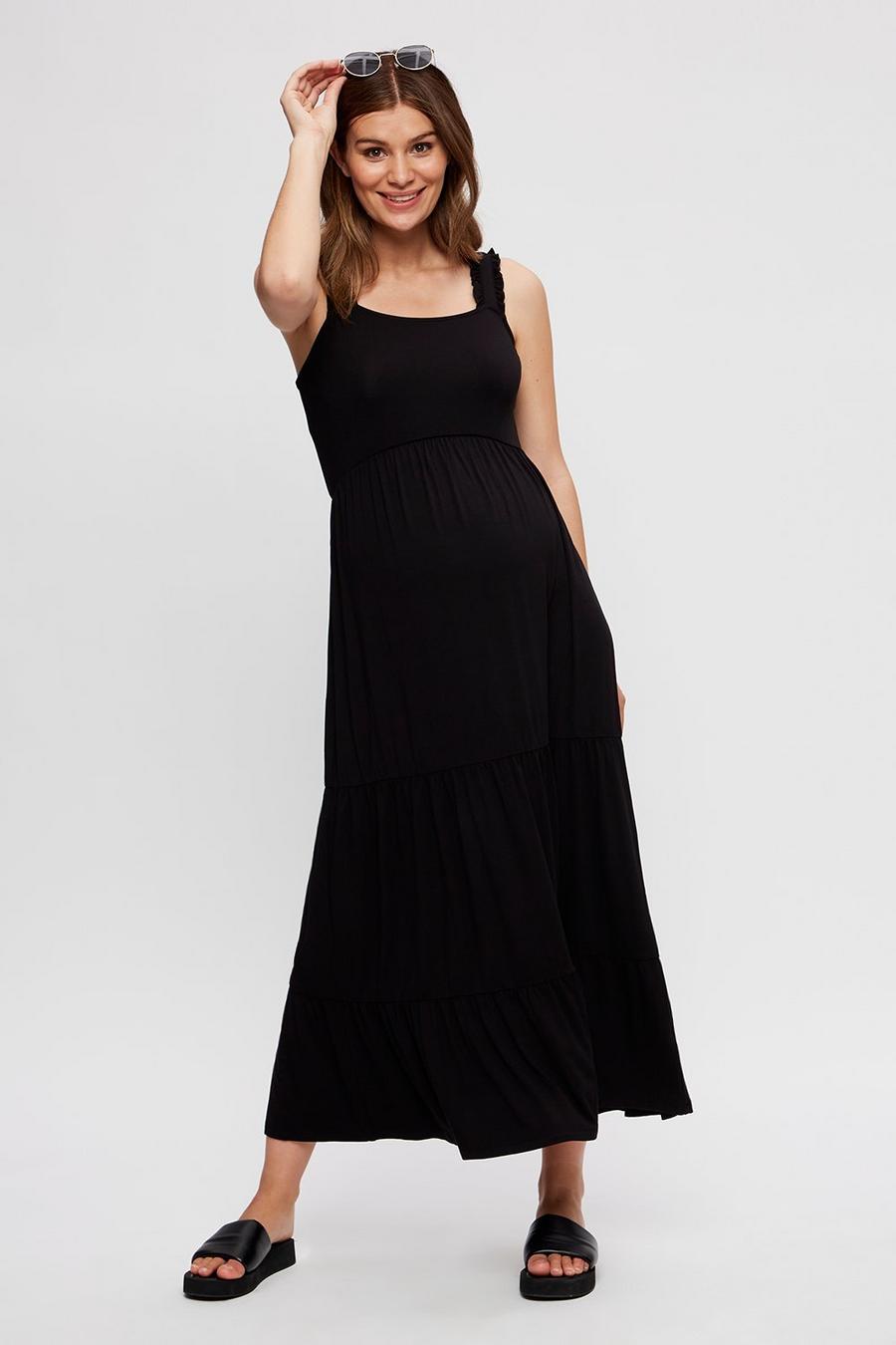 Maternity Black Strappy Tiered Maxi Dress