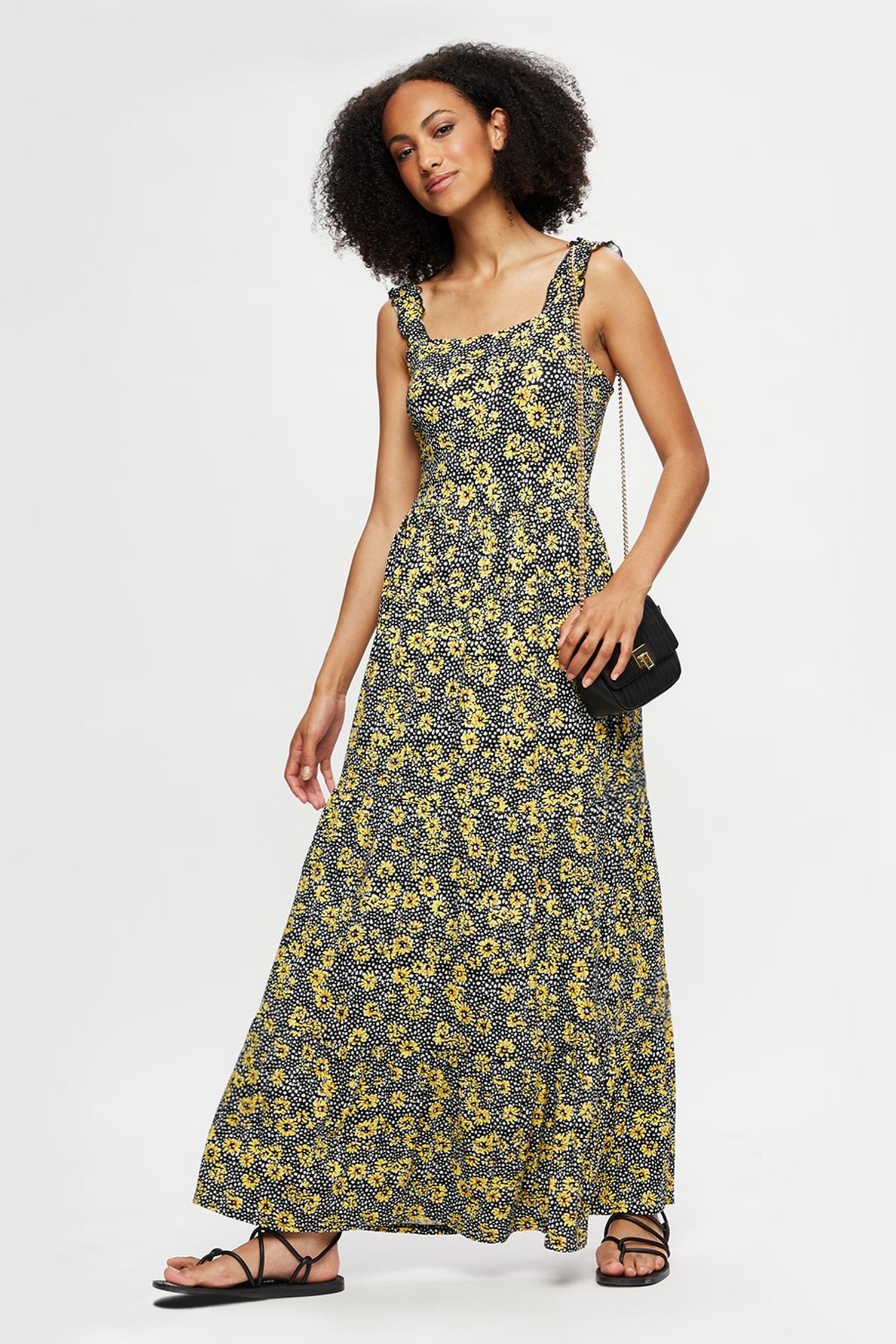 Tall Yellow Floral Strappy Tiered Maxi Dress | Dorothy Perkins UK