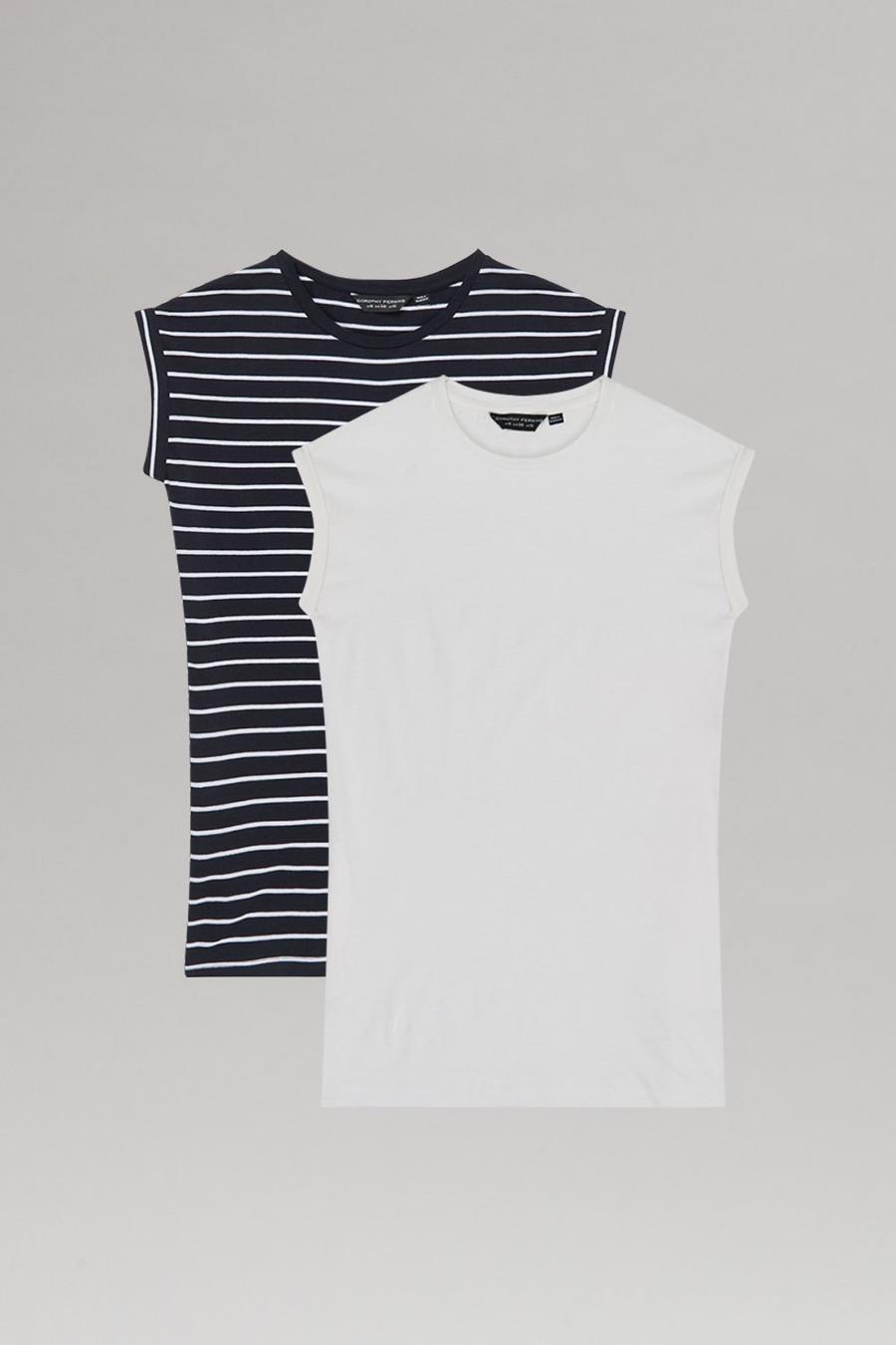 2 Pack Cotton Longline T-shirt White/Navy Stripe