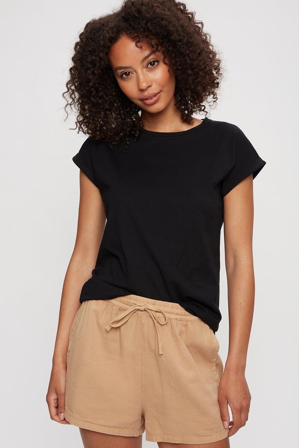 Black Roll Sleeve T-shirt | Dorothy Perkins UK