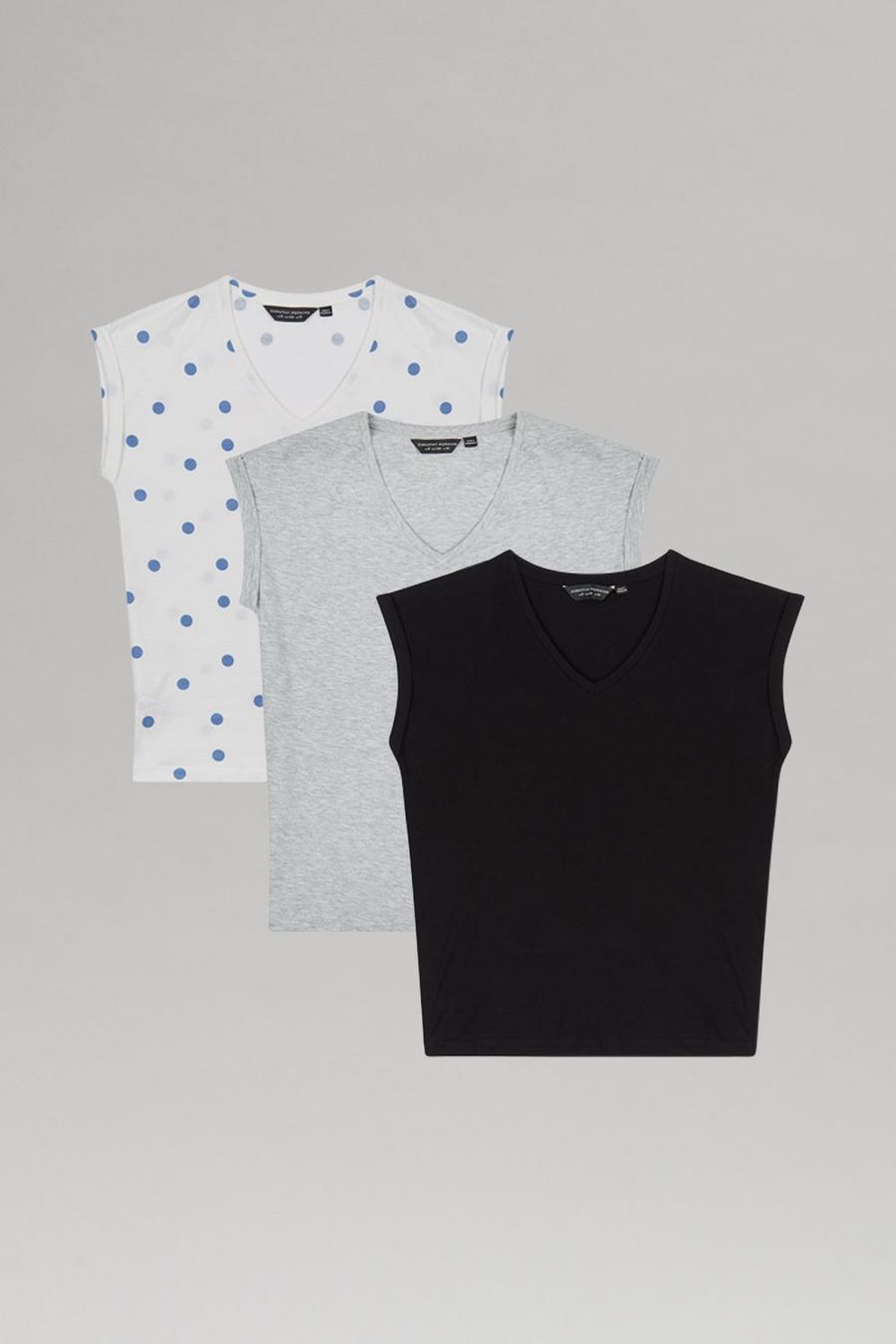 3 Pack Roll Sleeve T Shirt Black / Grey / Blue Spot