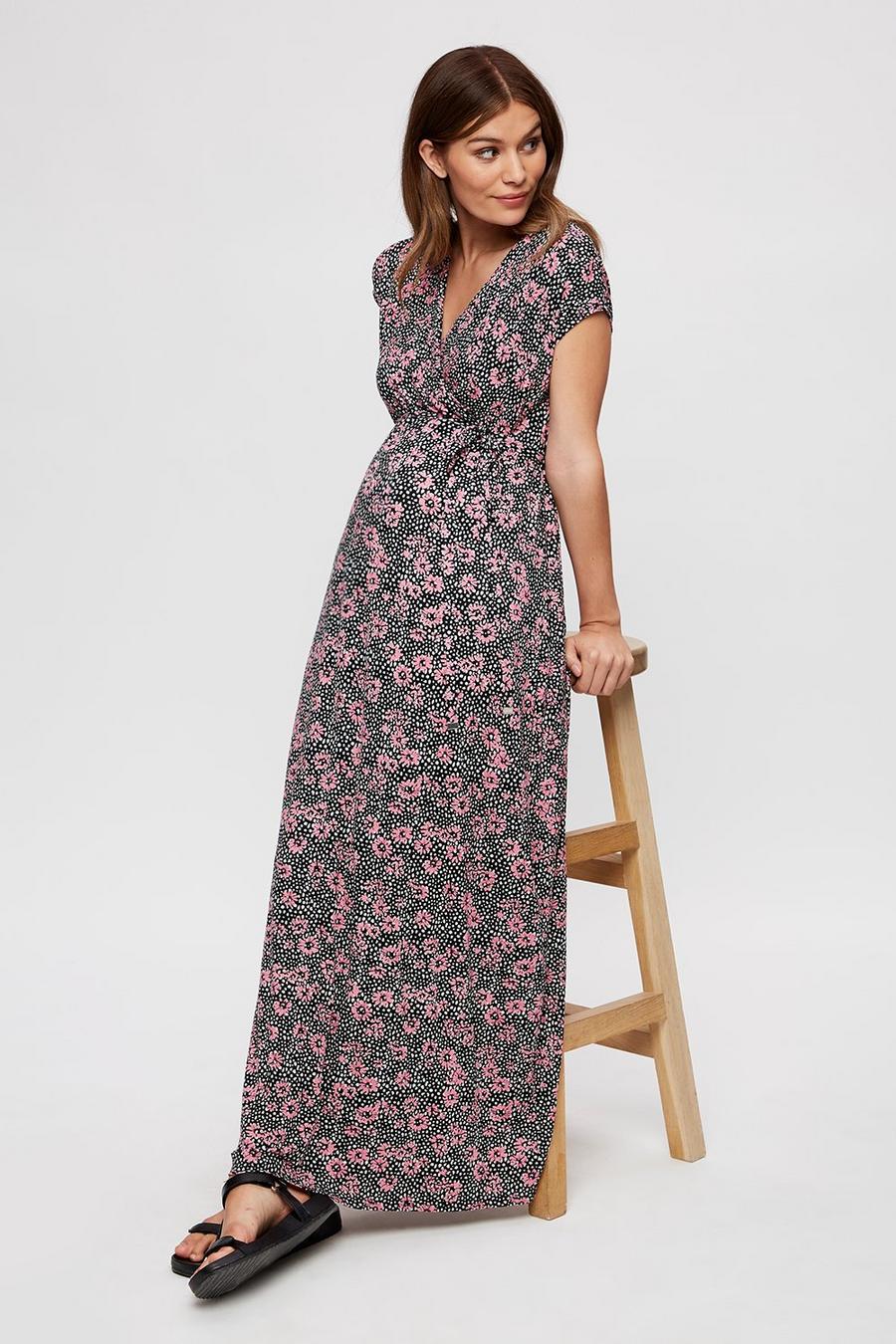 Maternity Pink Floral Roll Sleeve Maxi Dress 