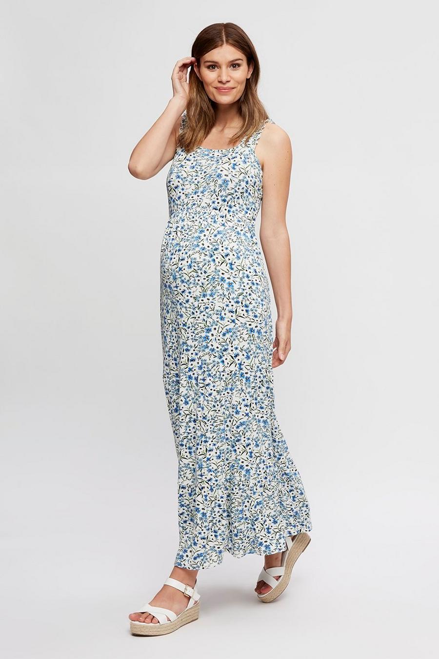 Maternity Blue Floral Strappy Tiered Maxi 