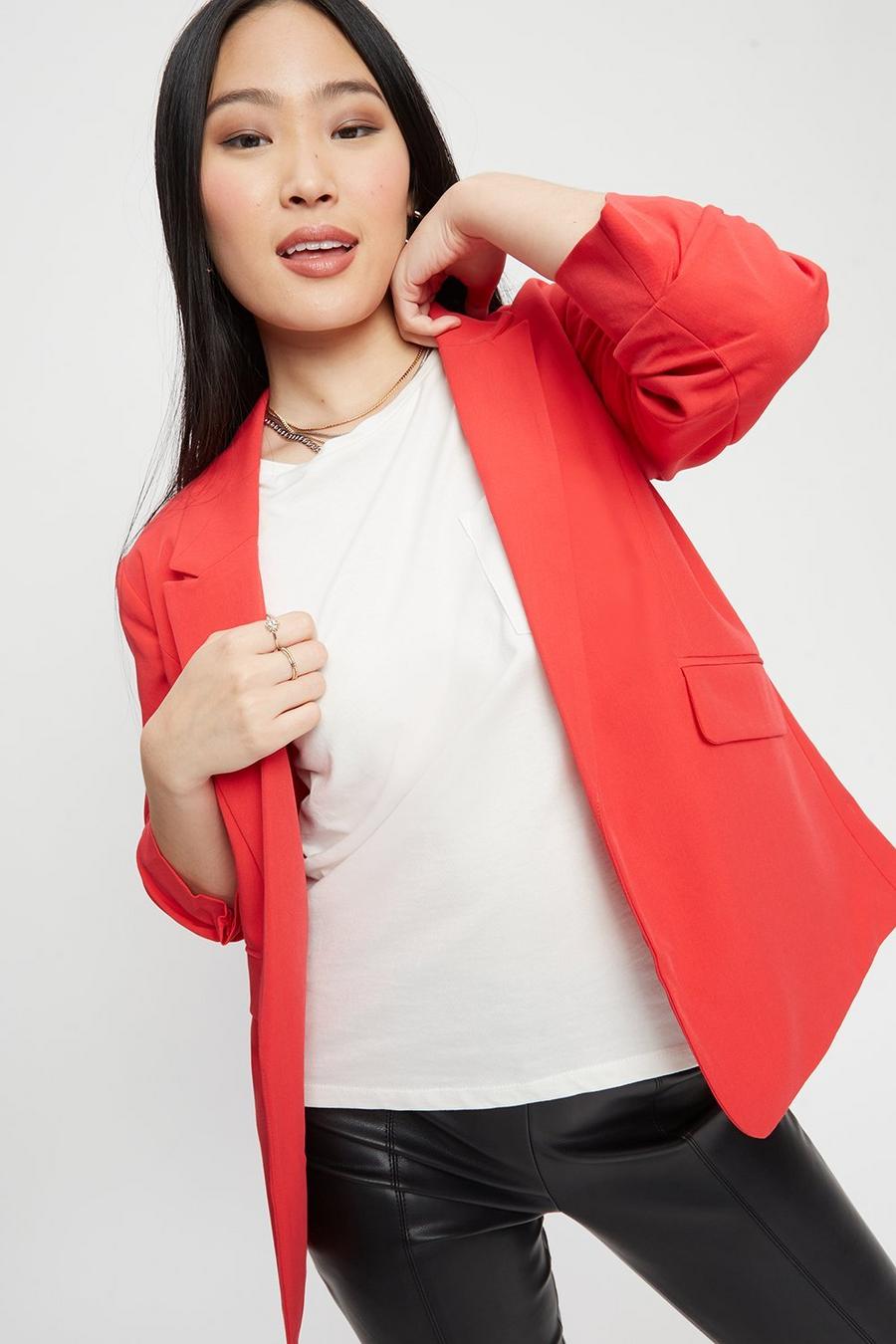 Petite Red Ruched Sleeve Blazer