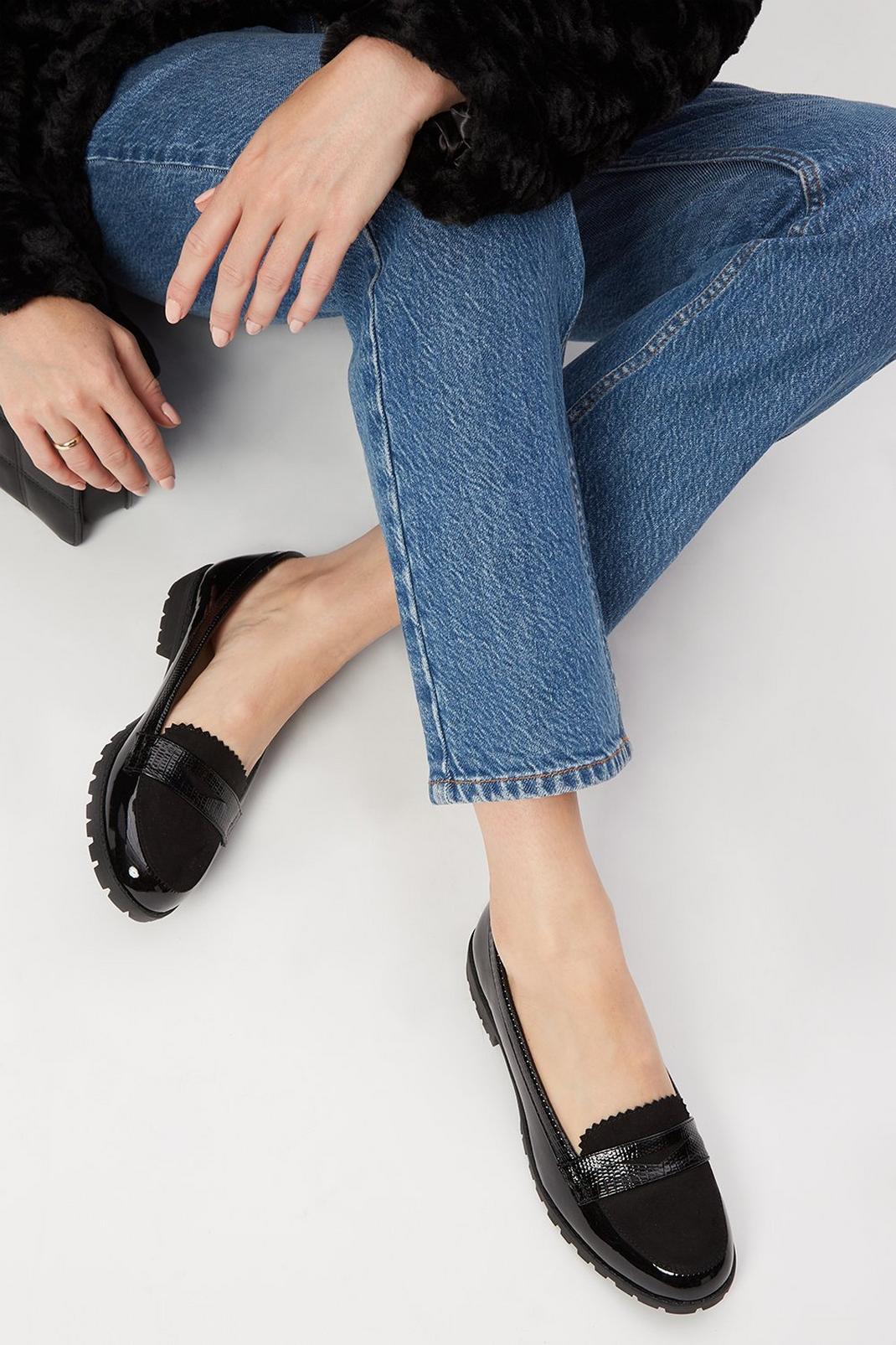 Wide Fit Black Livia Cleated Sole Loafers | Perkins EU