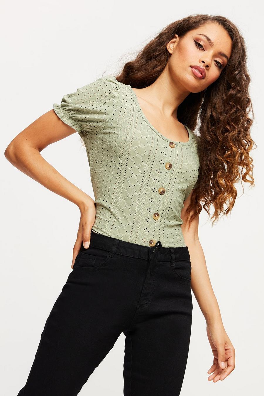 Petite Sage Button Front Puff Sleeve Tee