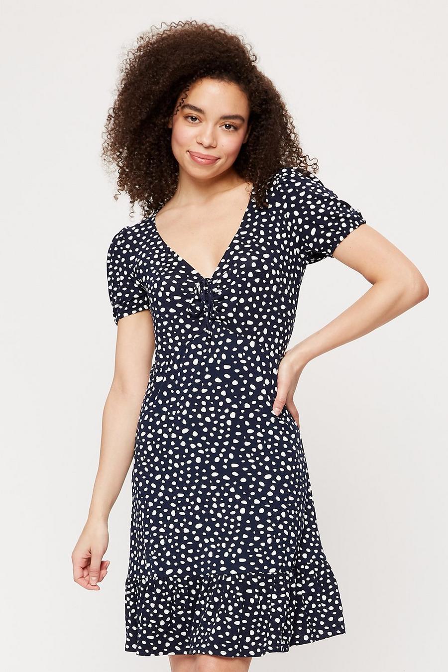 Navy Spot Ruched Fit And Flare Dress