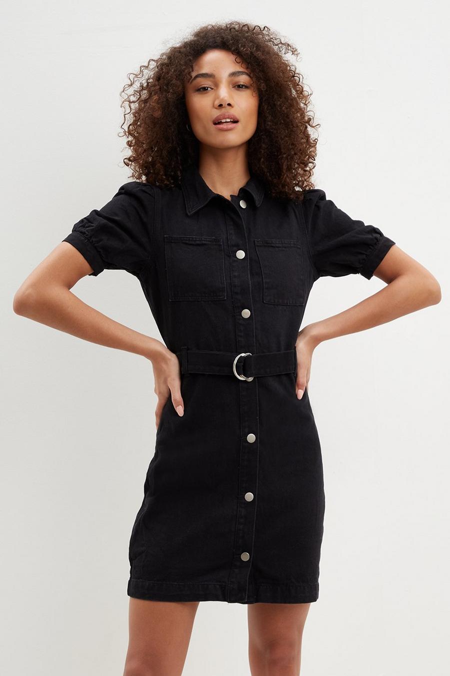 Black Casual Denim Puff Sleeve Shirt Dress