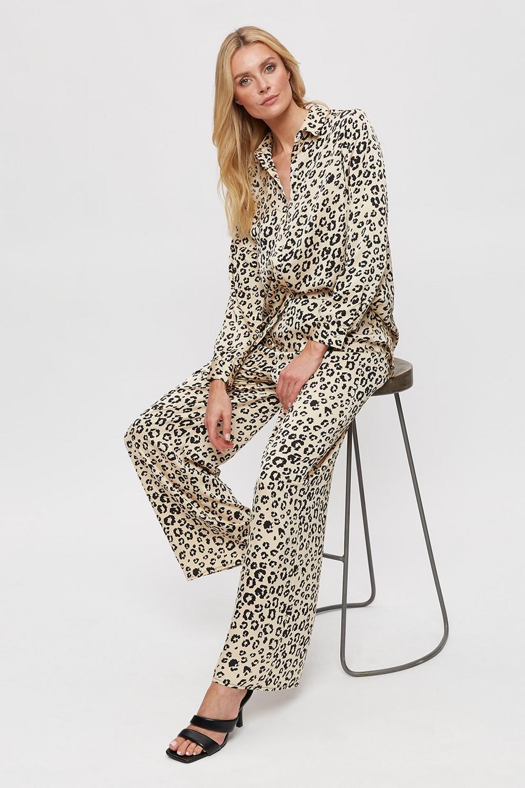 Cream Leopard Satin Trousers image number 1