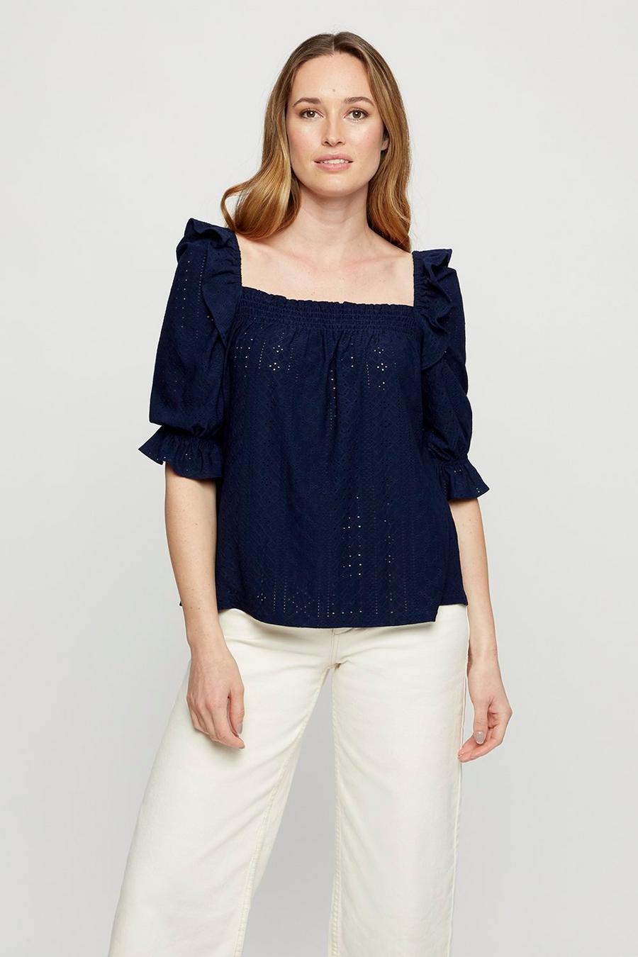 Navy Broderie Frill Square Neck Top