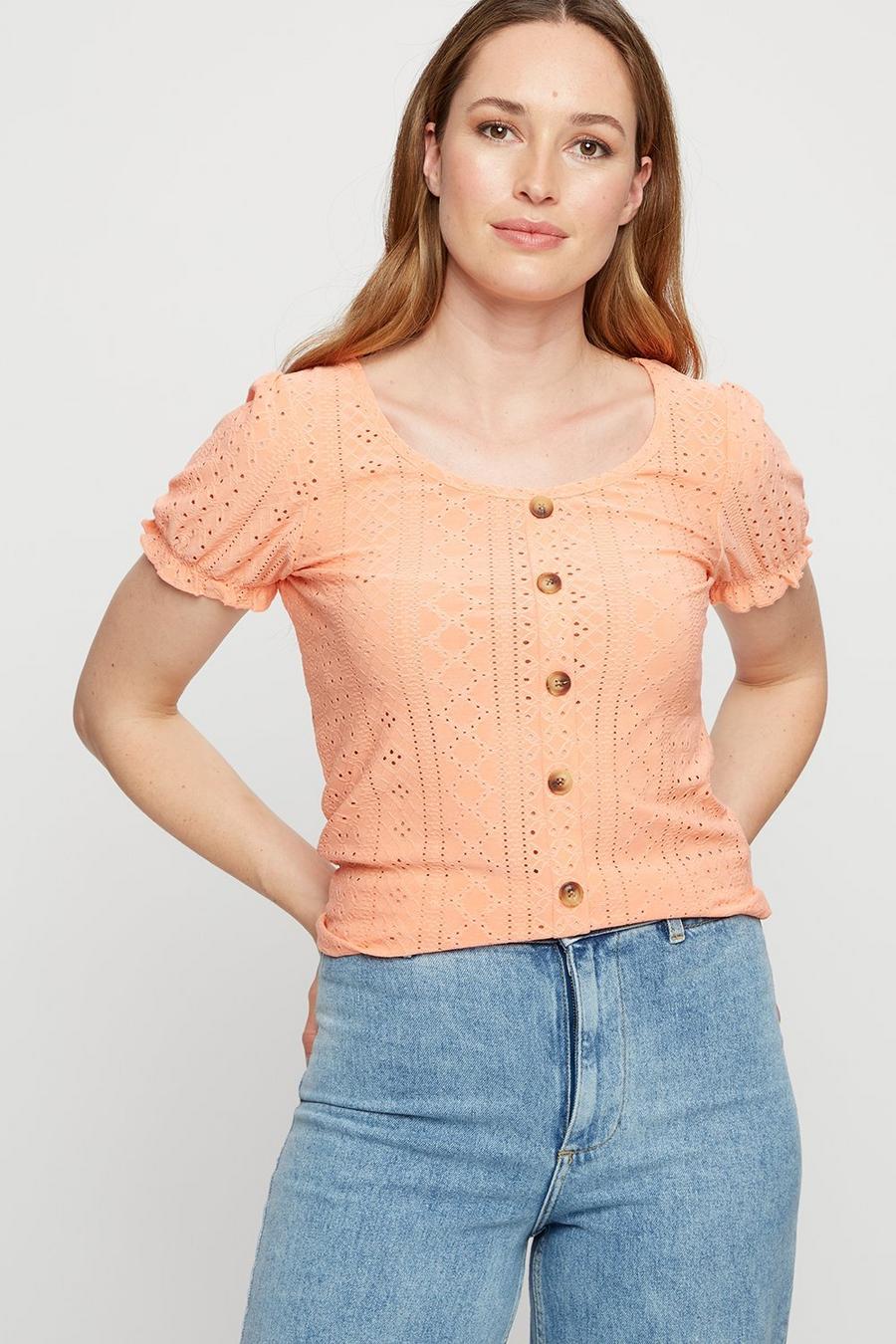 Coral Broderie Button Through Puff Sleeve Top