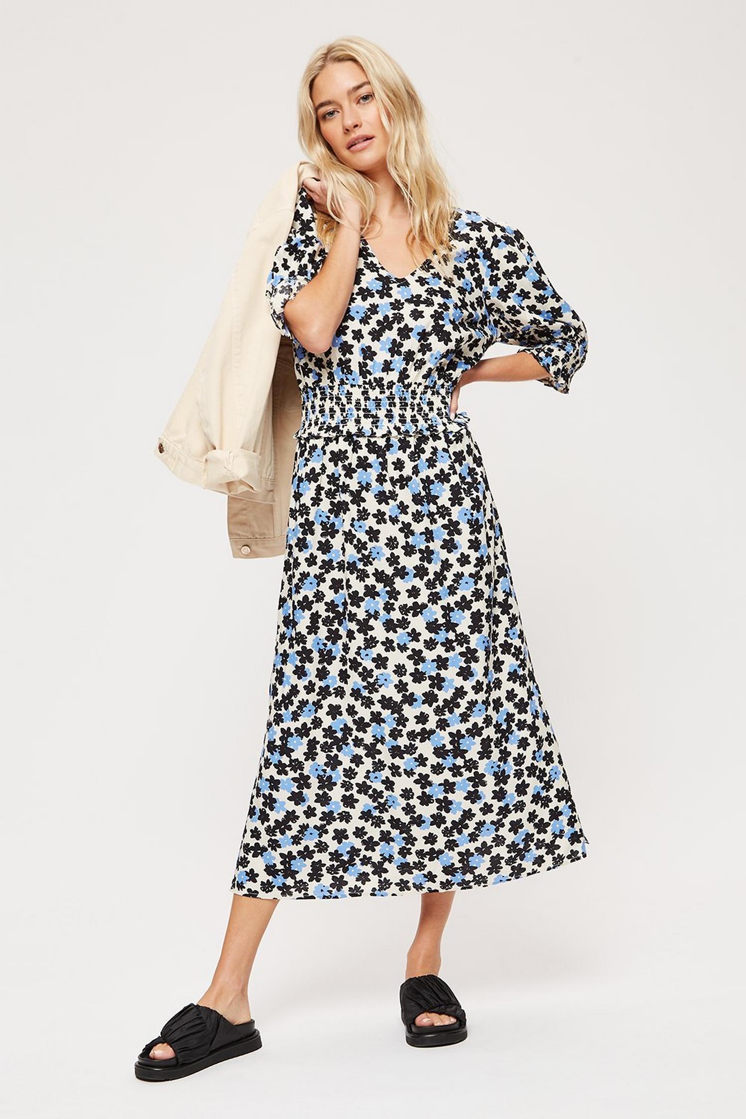 Black And Blue Floral Shirred Midi Dress | Dorothy Perkins UK