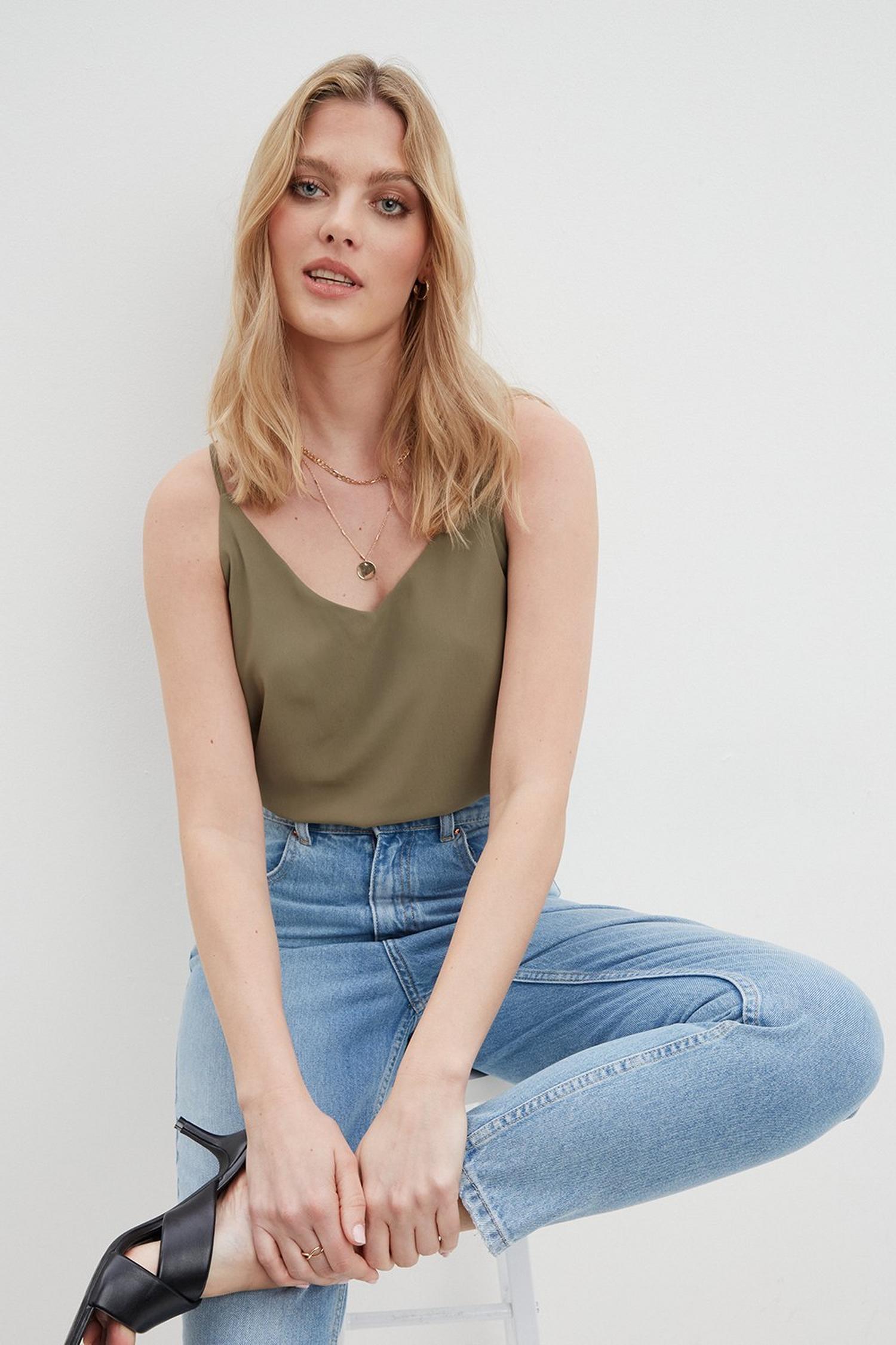 khaki woven plunge pocket detail crop shirt