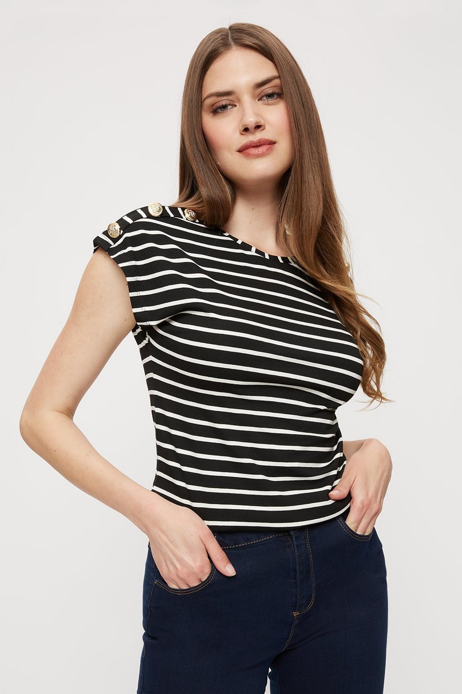 Tall Black And White Stripe Button T Shirt | Dorothy Perkins UK